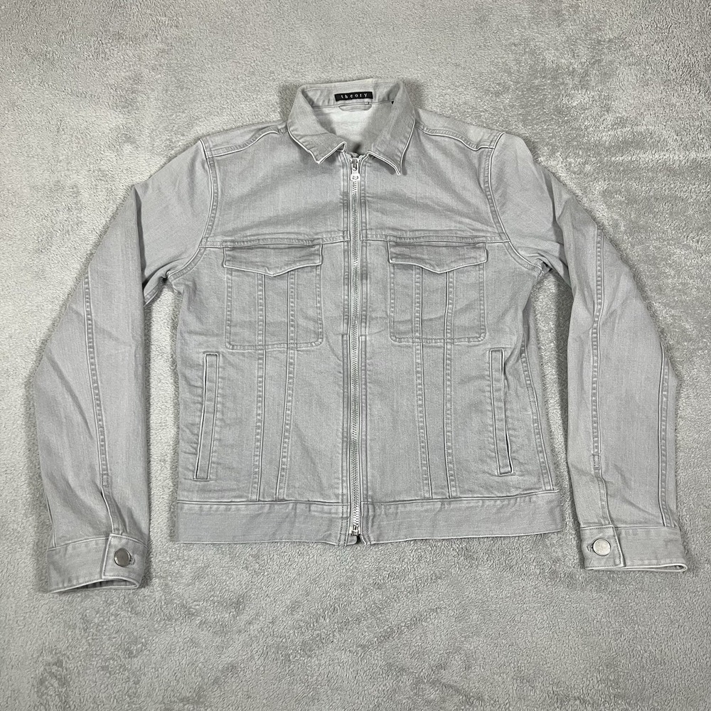 Theory Trucker Jacket Womens Small Gray Denim Full Zip Pockets Motorcycle